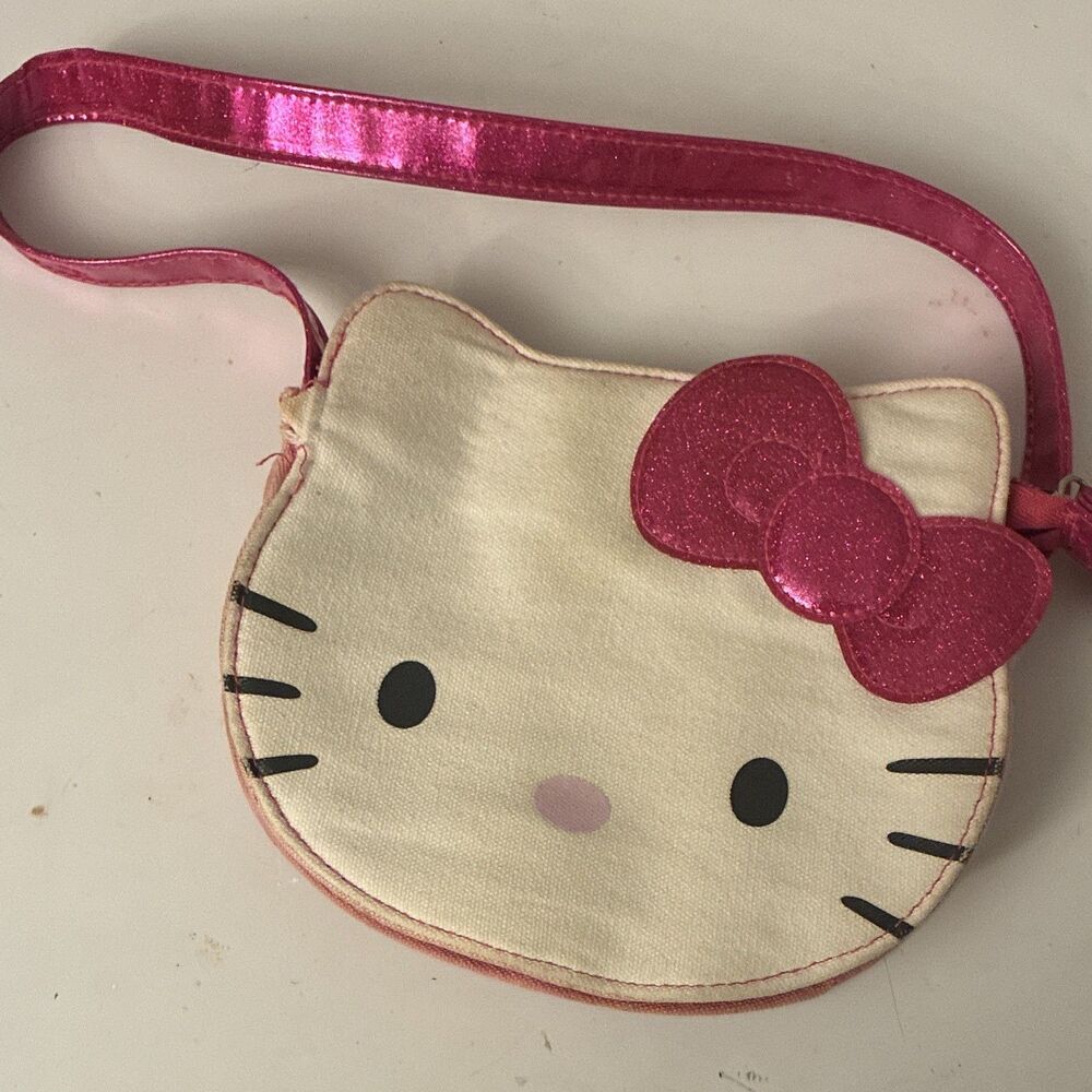 Hello Kitty Pink/White Logo Crossbody Bag Zip Closure Bow Accent Strap